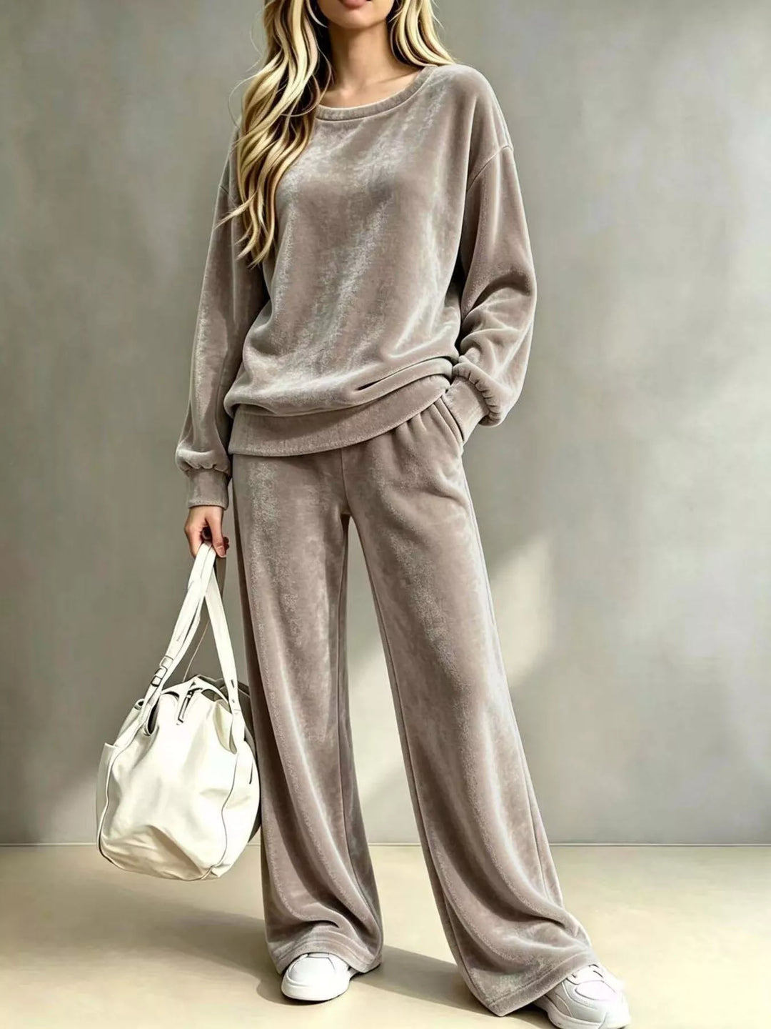 Women's lounge set in taupe, velvet look pullover and wide leg pants, front view