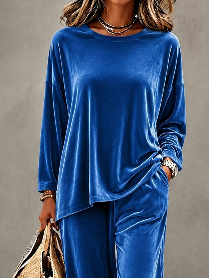 Bright blue velvet long sleeve top, close front view of the lounge set