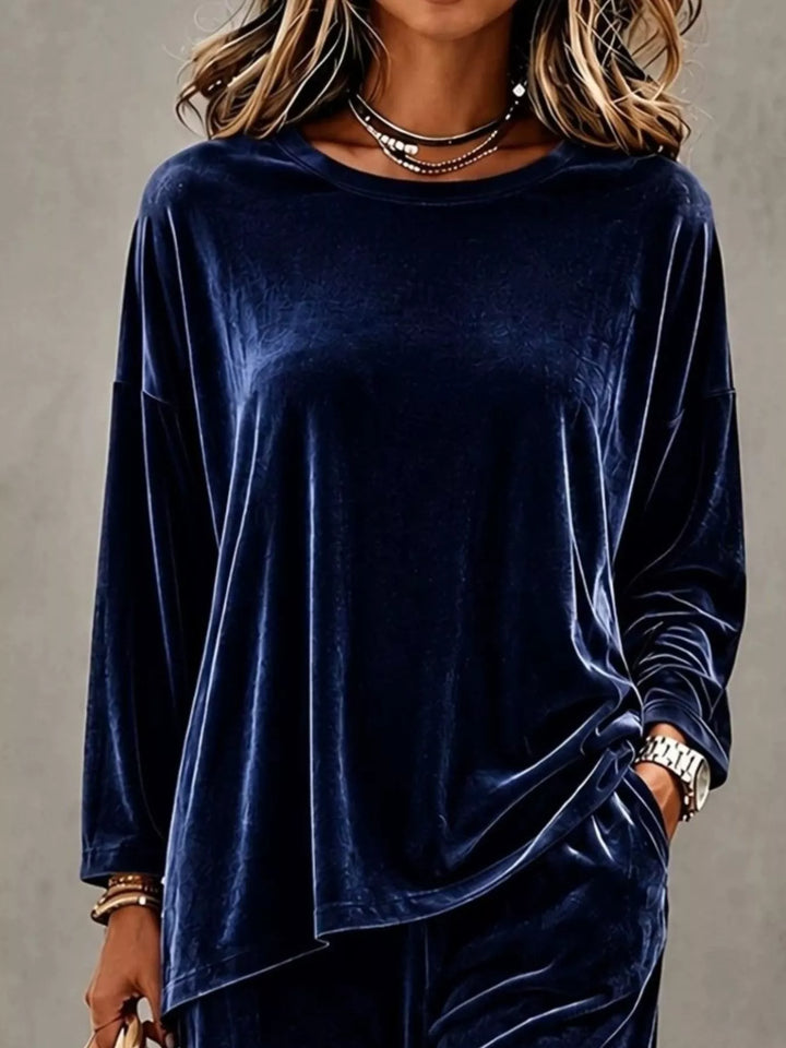 Navy velvet long sleeve top, close front view of the lounge set