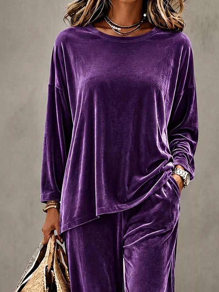Purple velvet long sleeve top, close front view of the lounge set