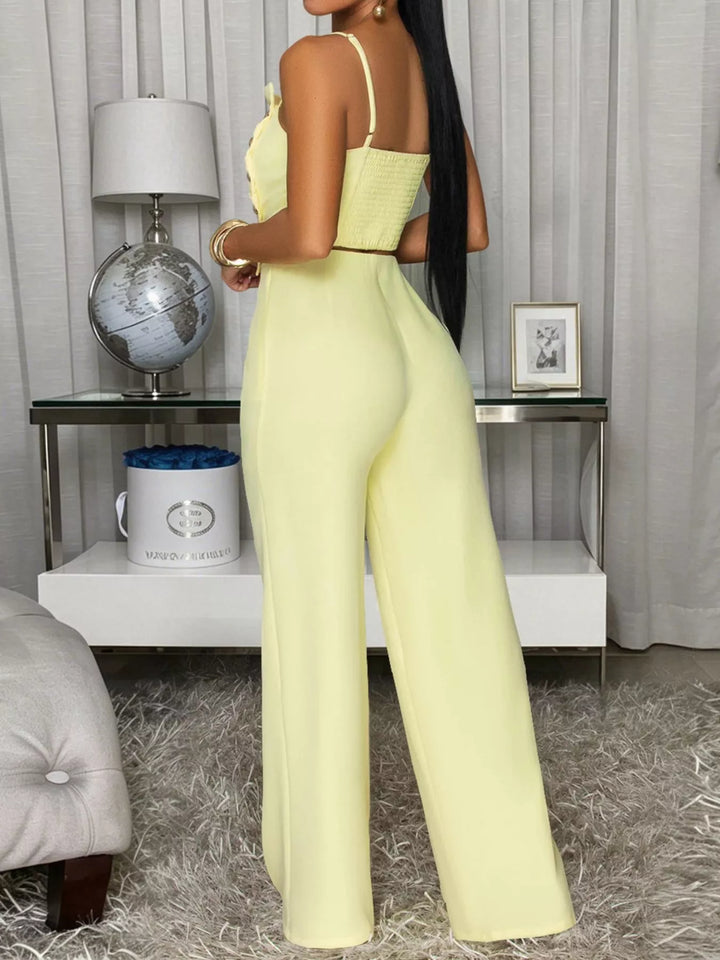 Back view of the light yellow cami top and wide leg pants set
