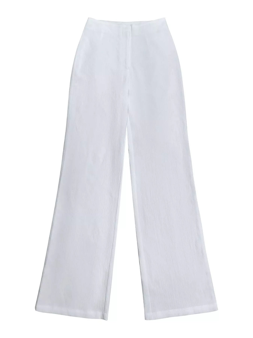 Flat view of the white high waist wide leg pants