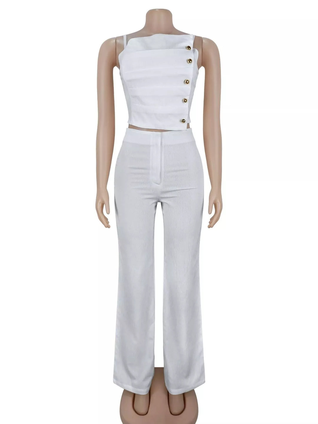 White matching set on a mannequin, button cami top and wide leg pants