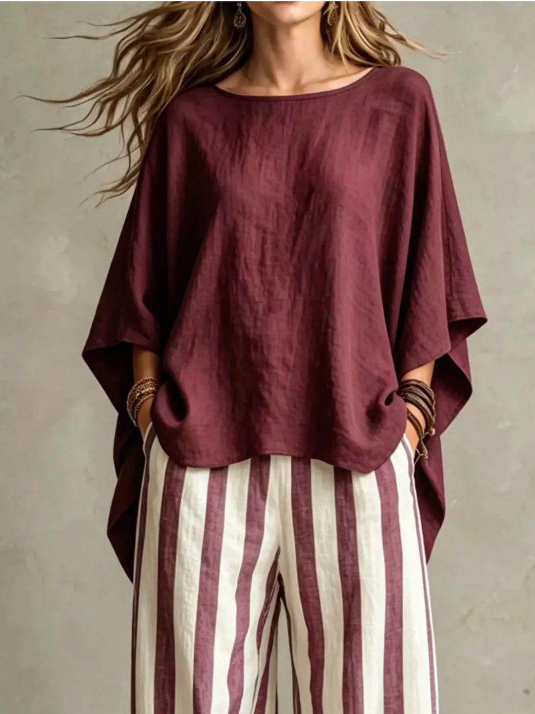 Burgundy matching set top with wide batwing sleeves, closer front view