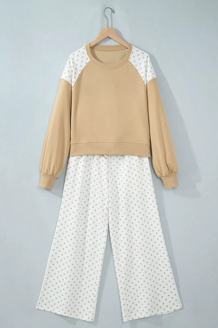 Hanging view of the tan matching set with polka dot sleeve panels