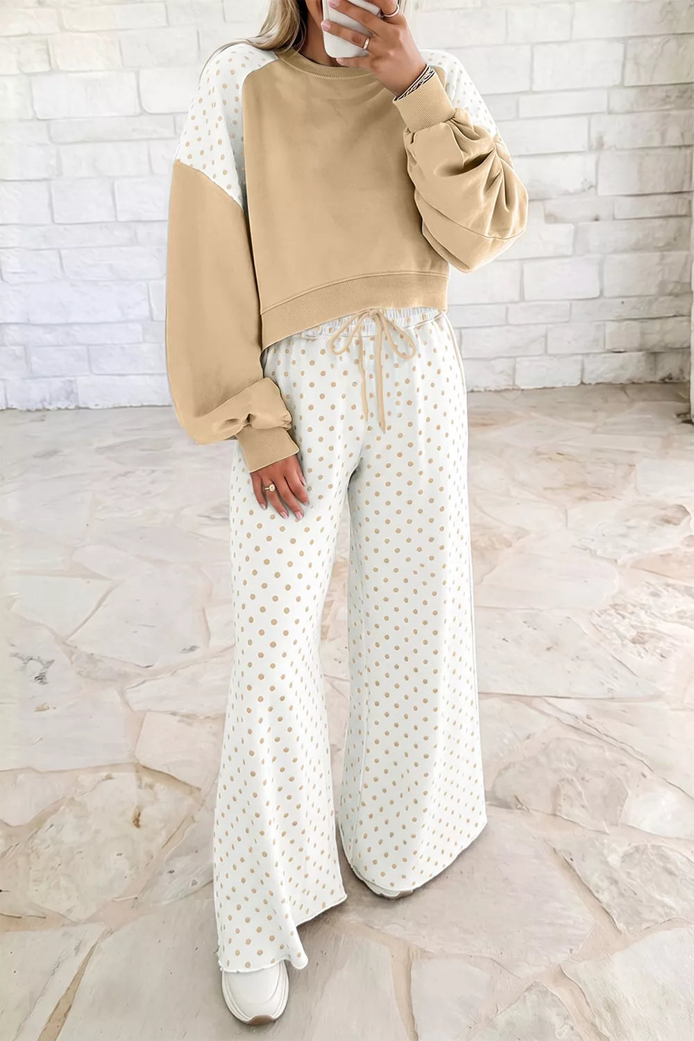 Women's matching set in tan, cropped sweatshirt and wide leg pants, front view