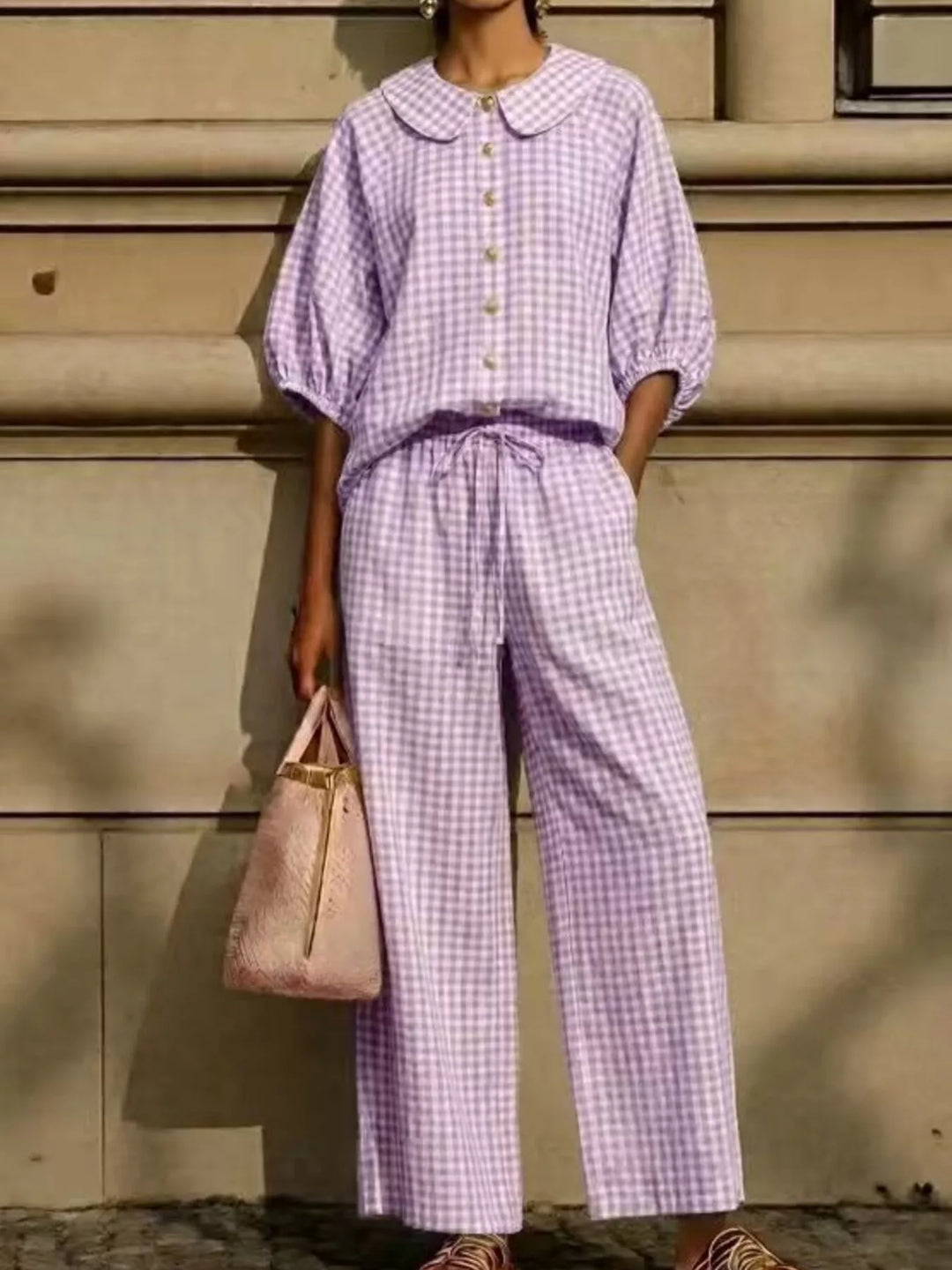 Gingham matching set in lavender with drawstring waist pants, full length