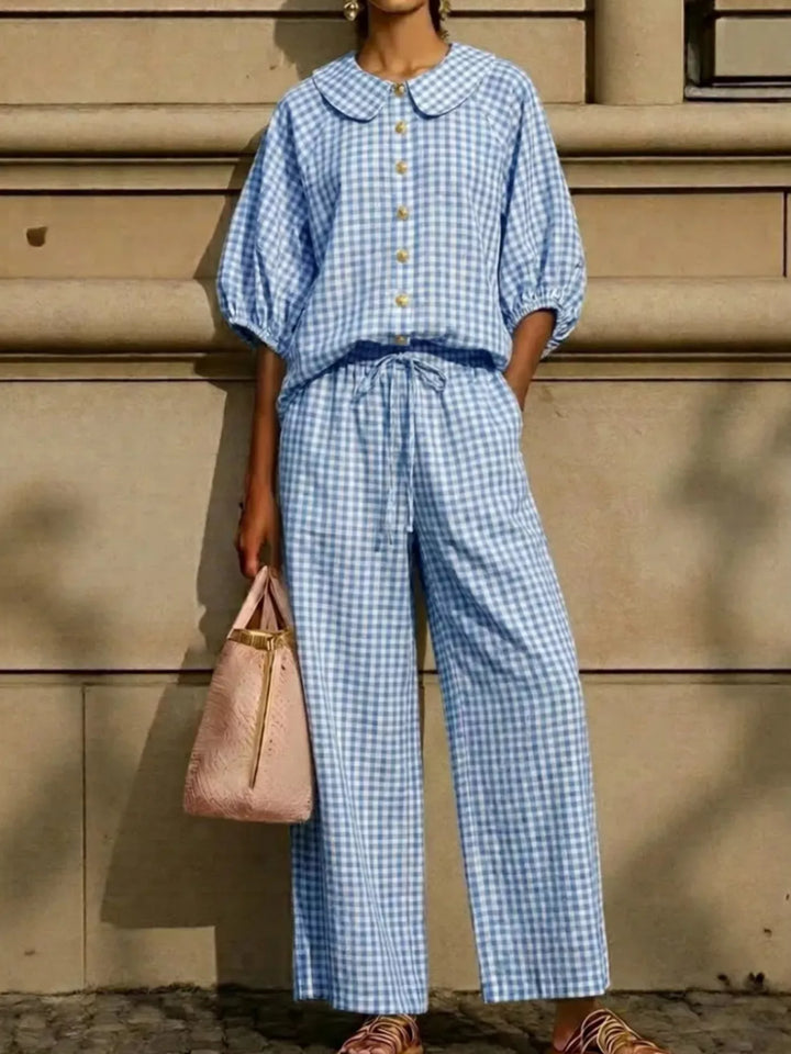 Women's matching set in light blue gingham with Peter Pan collar top and pants, full outfit