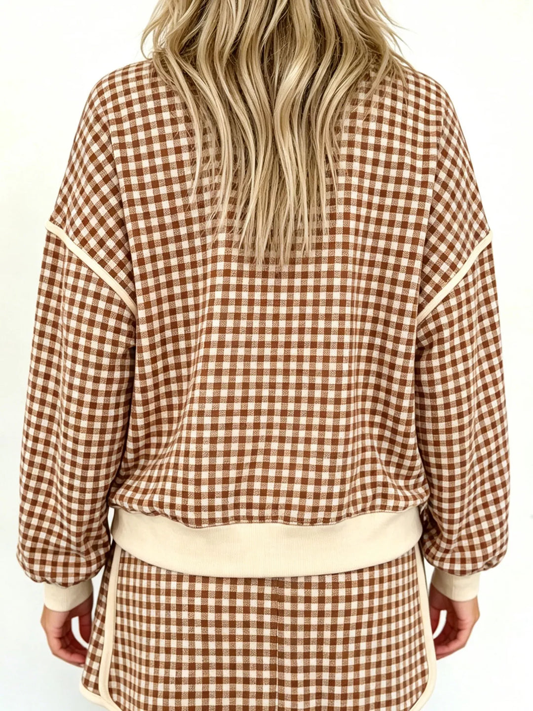 Back view of the brown gingham pullover and matching shorts