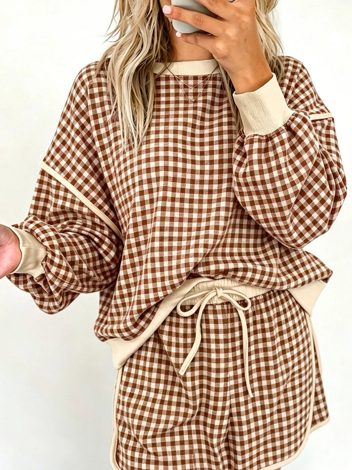 Women's matching set in brown check, gingham pullover with drawstring shorts, front view