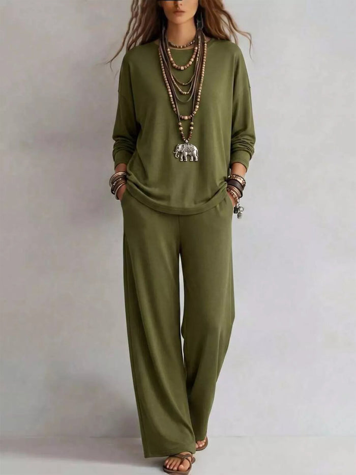 Women's matching set in army green, long sleeve tee and wide leg pants