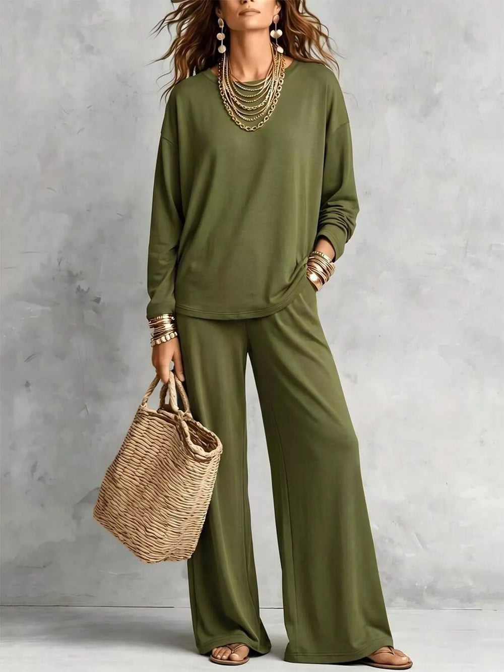 Army green long sleeve tee and wide leg pants with a woven tote