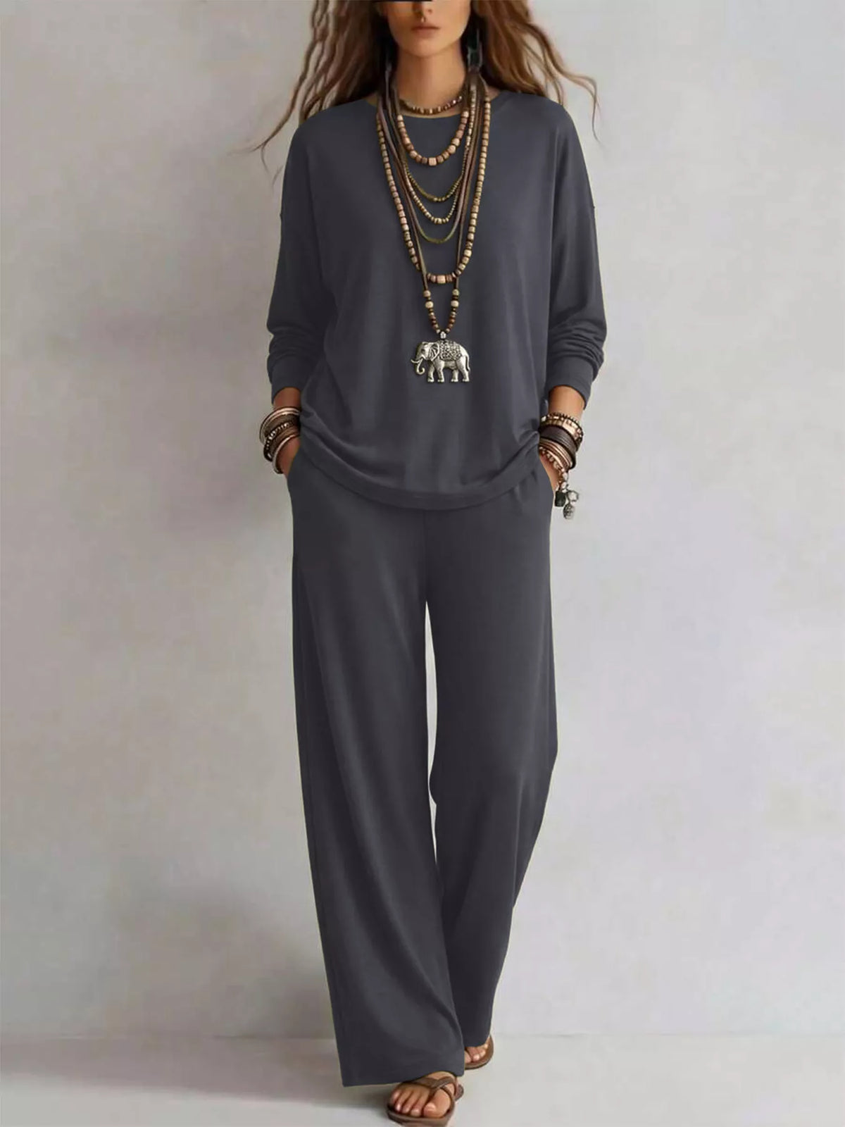 Charcoal matching set with long sleeve tee, standing front view