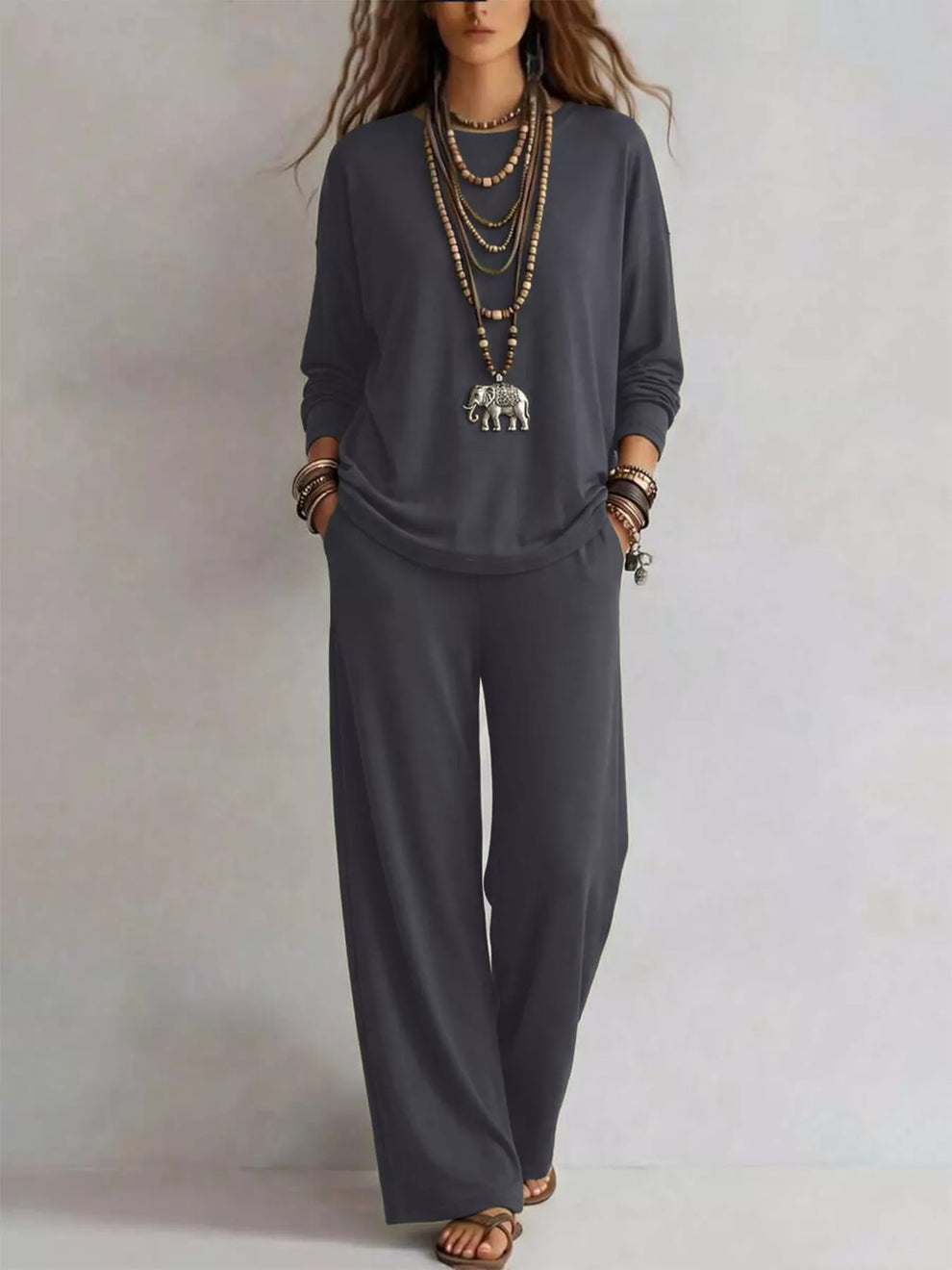 Charcoal matching set with long sleeve tee, standing front view
