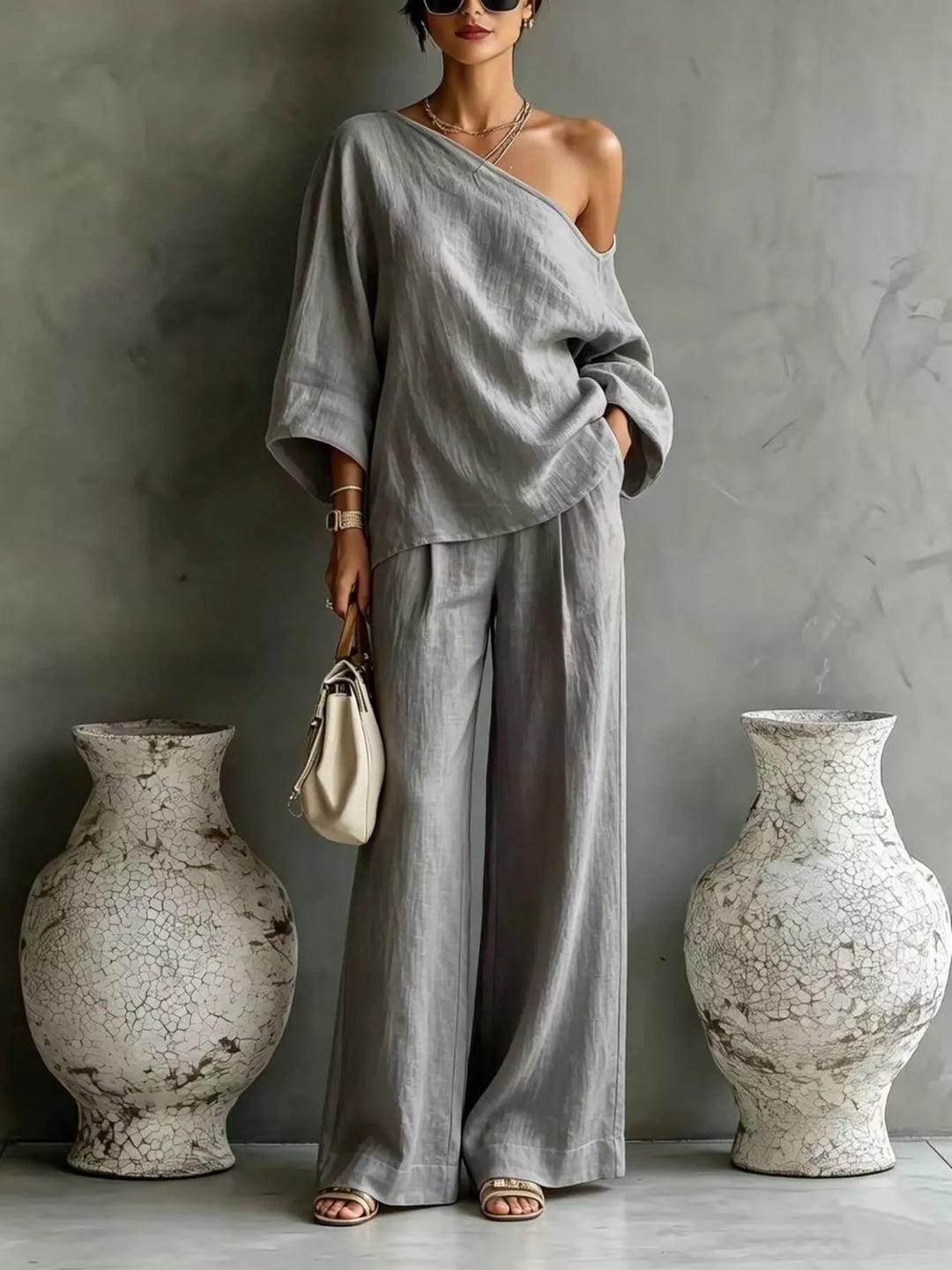 Gray one shoulder top and wide leg pants set, full-length view