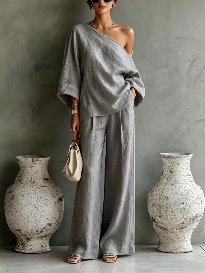 Gray one shoulder top and wide leg pants set, full-length view