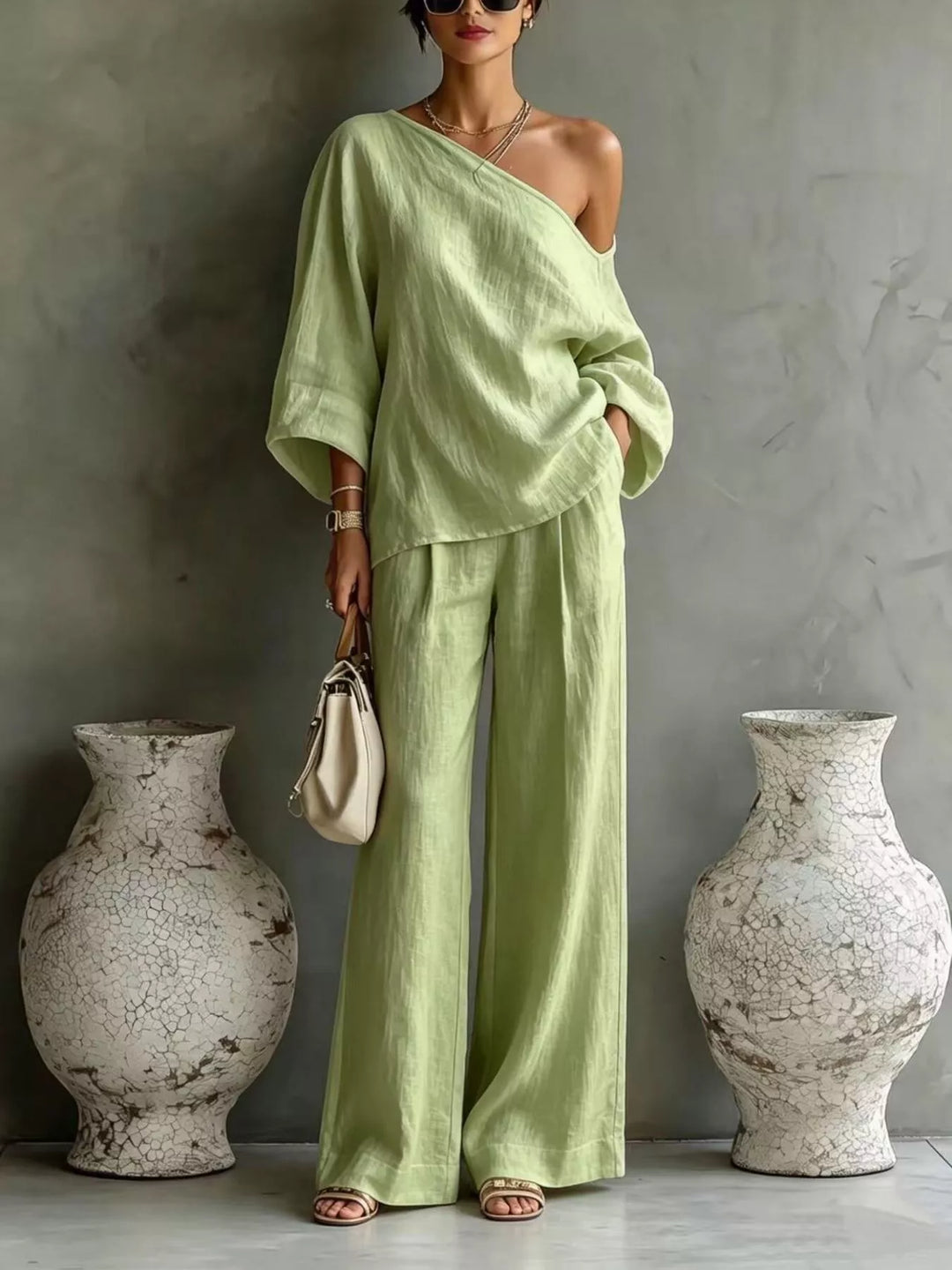Pistachio green one shoulder top and wide leg pants set, full-length view