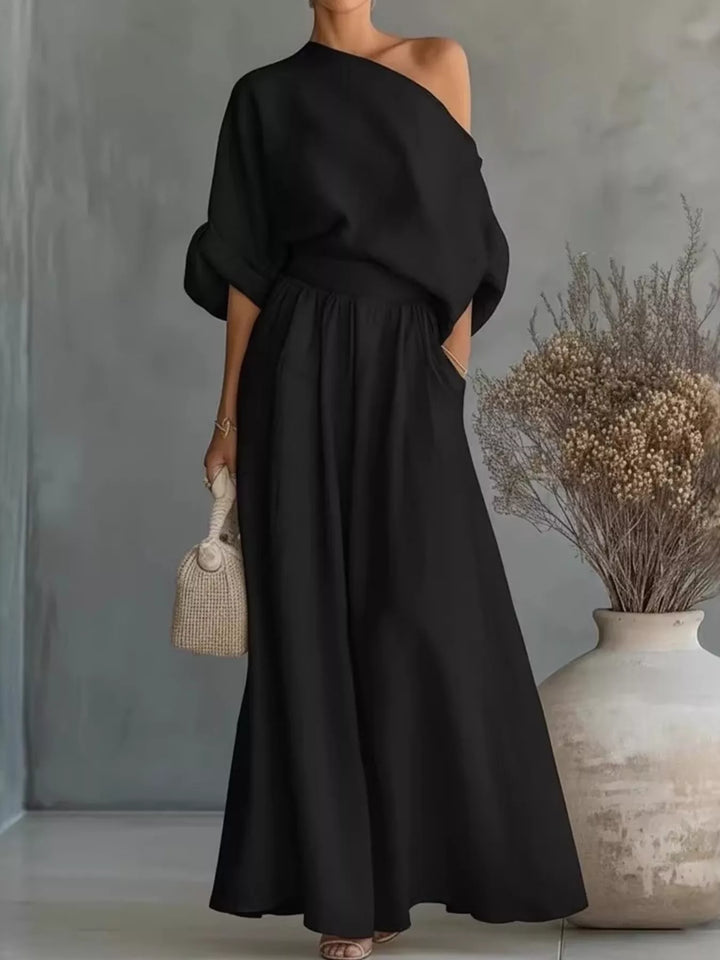 Black one shoulder matching set with flowing maxi pants, full length