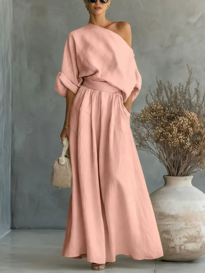Blush one shoulder top and wide leg maxi pants set, full length