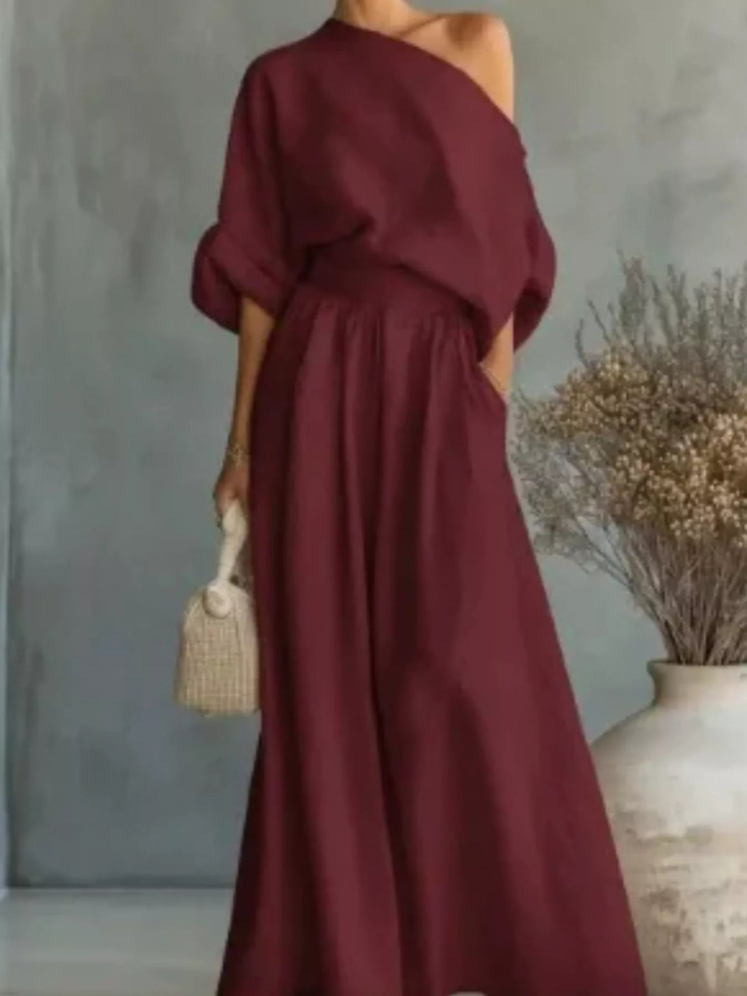 Burgundy one shoulder matching set with wide leg maxi pants, full length