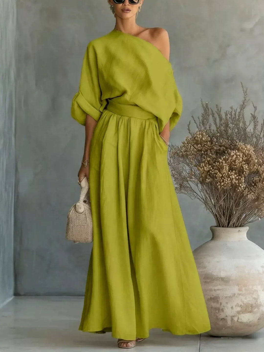 Chartreuse one shoulder top and wide leg maxi pants, full length view
