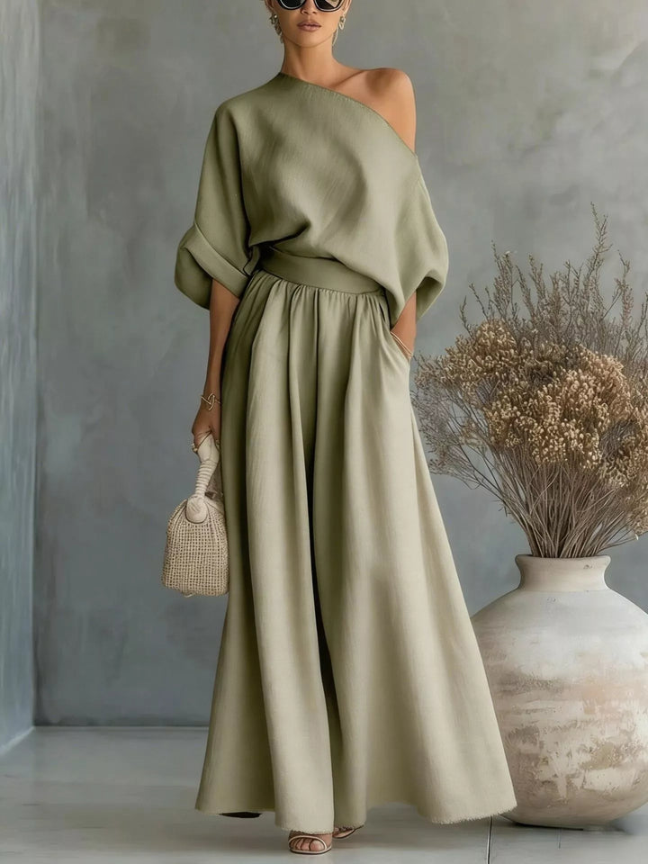 Sage one shoulder top and wide leg maxi pants set, full length view