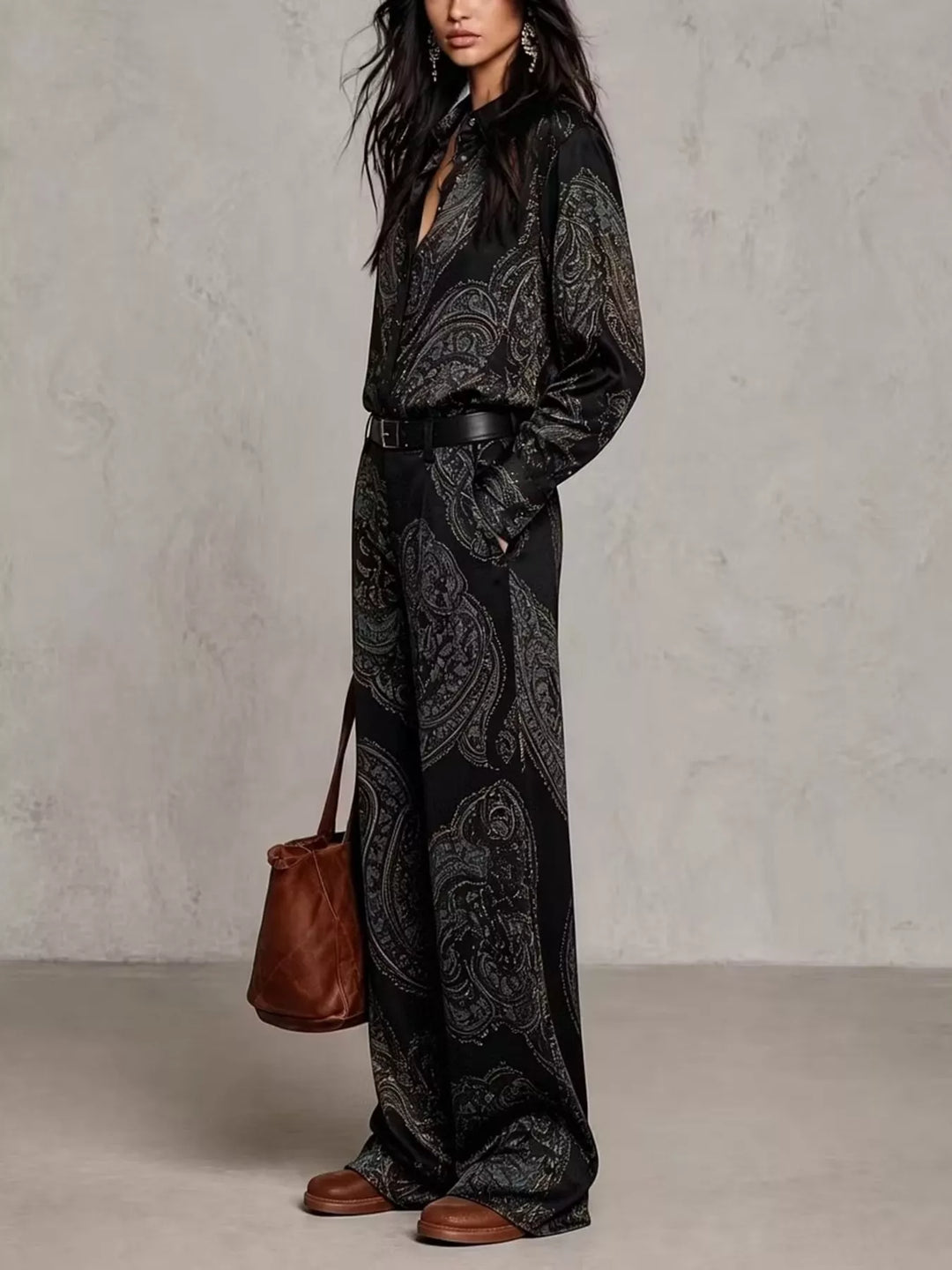 Black paisley matching set styled with a cognac tote bag