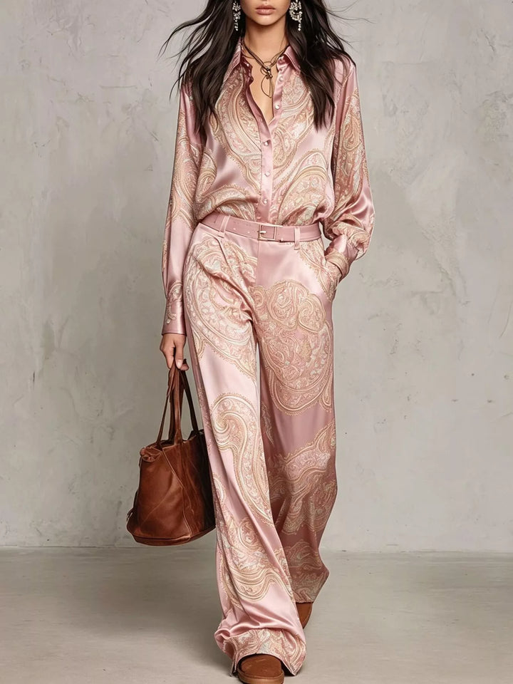 Blush pink paisley matching set, shirt and wide leg pants, full length front