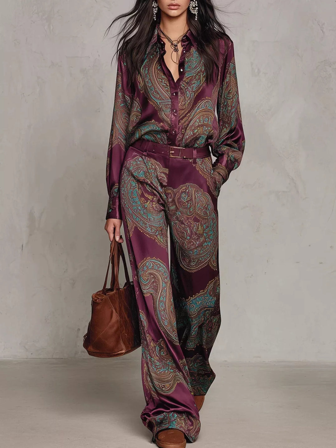 Women's matching set in burgundy paisley, shirt and wide leg pants, full length front