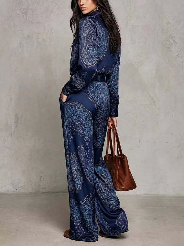 Side angle of the navy paisley matching set with relaxed wide legs