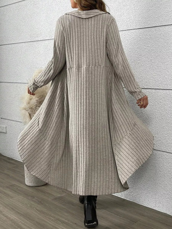 Ribbed cardigan and plaid midi dress in light gray, back view