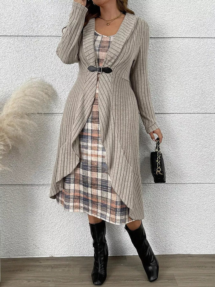 Women's matching set in light gray, ribbed cardigan and plaid midi dress