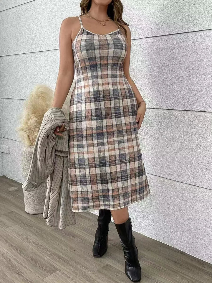 Ribbed cardigan and plaid midi dress in light gray, styled on model