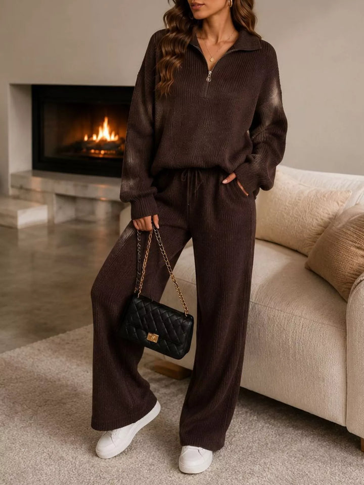 Chocolate ribbed knit half zip set with wide leg pants, hand in pocket