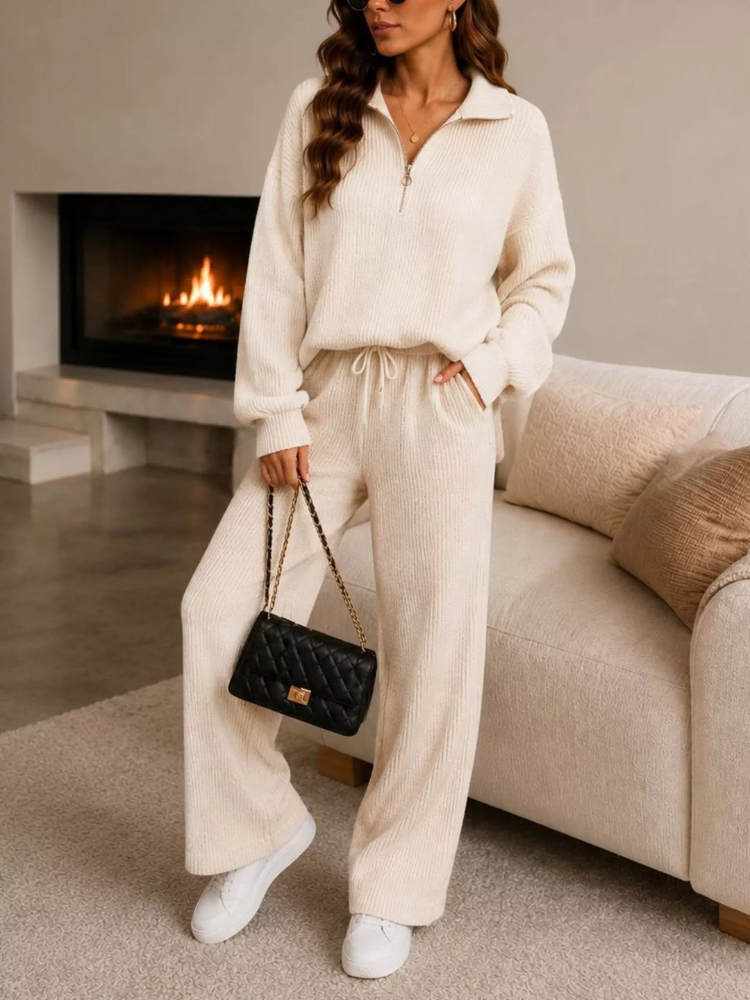 Women's matching set in cream, ribbed knit half zip pullover and wide leg pants