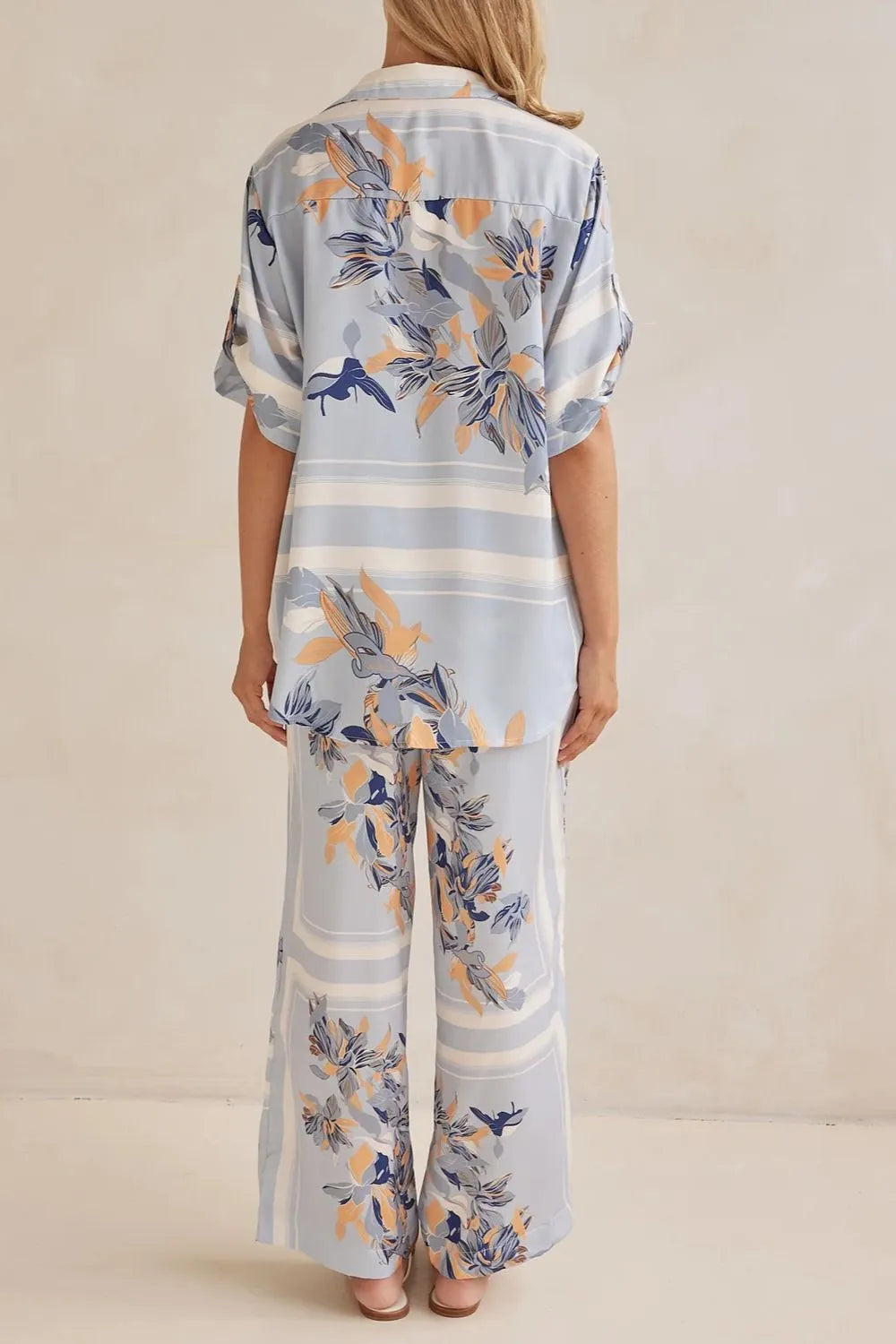 Back view of the light blue floral matching set from behind