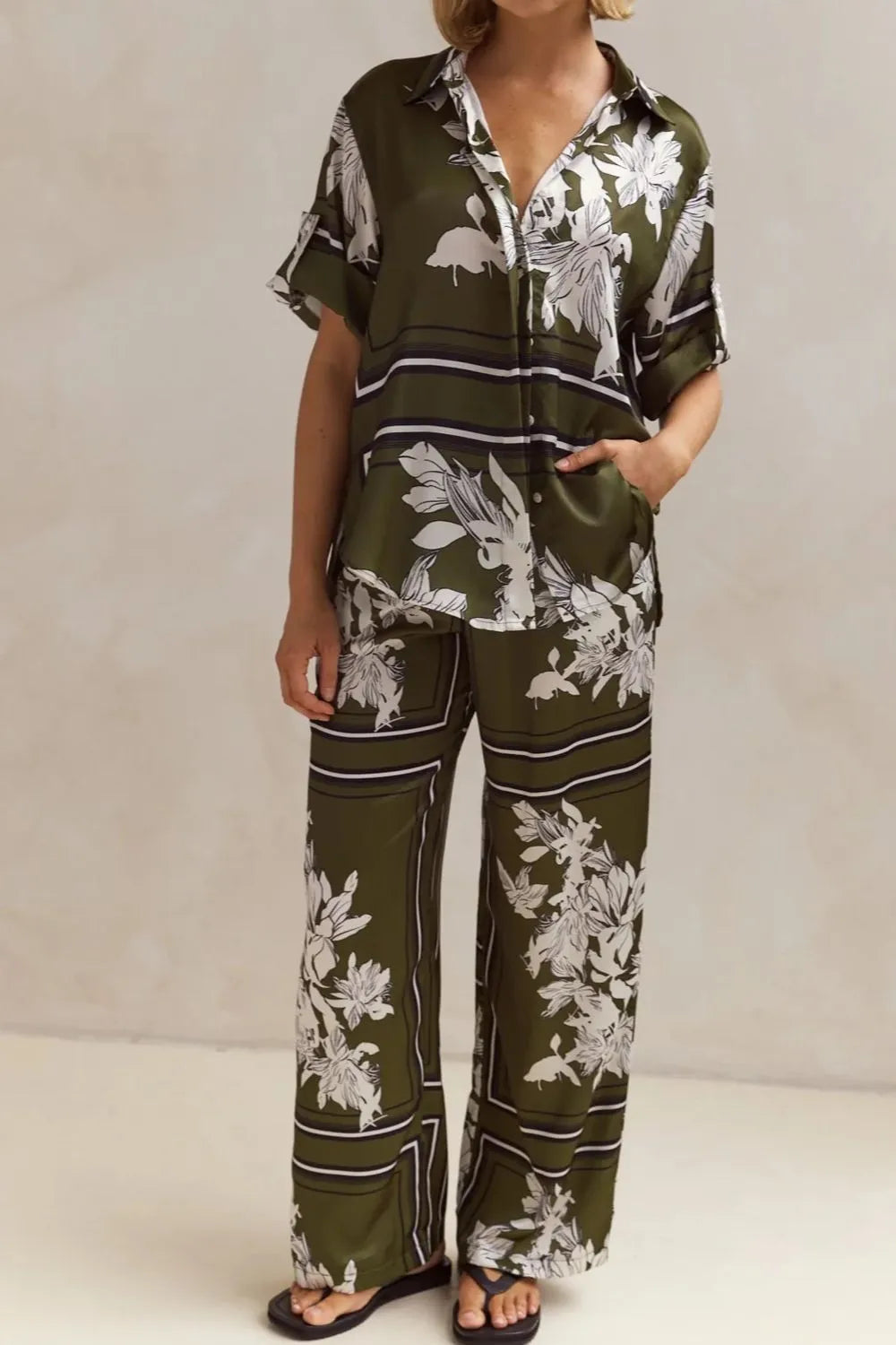 Olive floral matching set with button up shirt and wide leg pants, front view