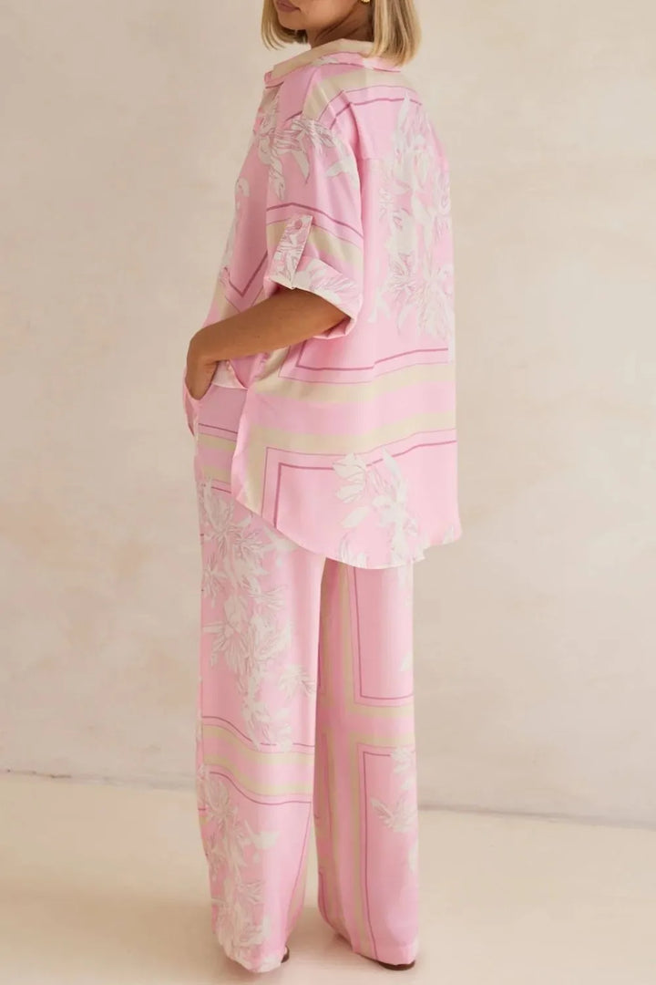Side profile of the pink floral matching set with wide pants
