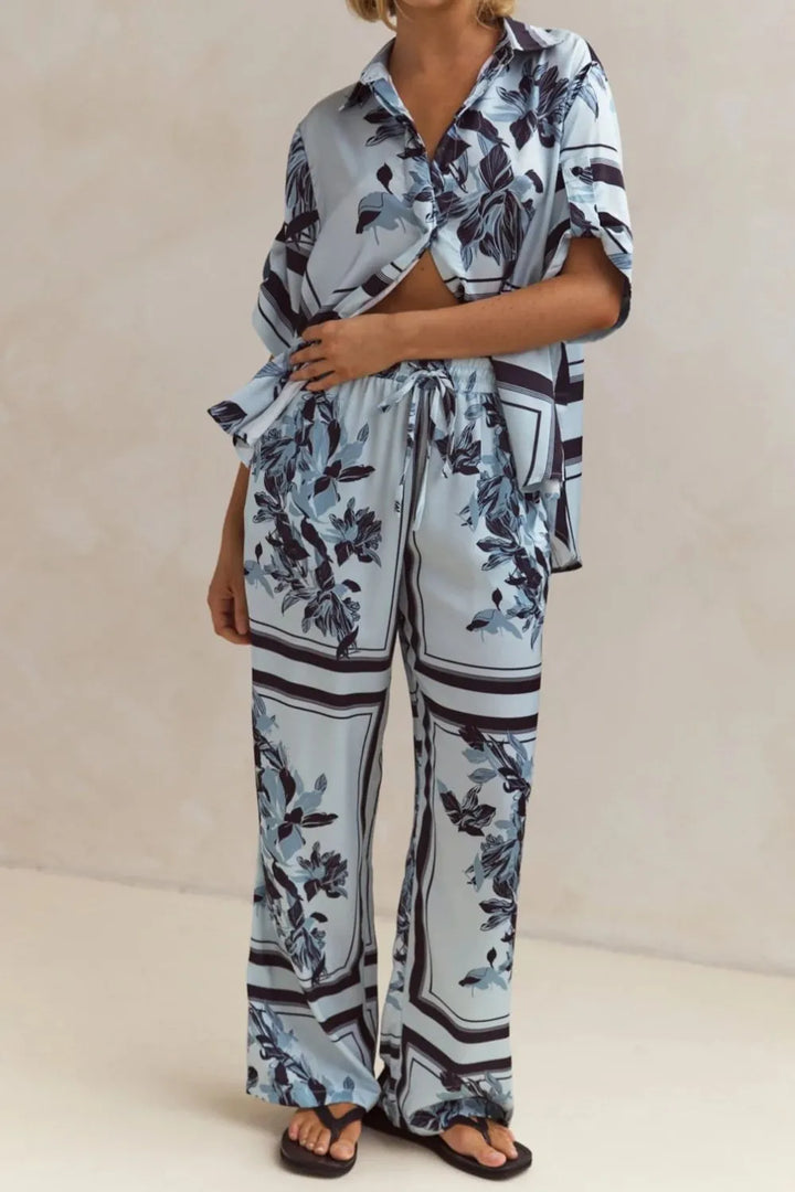 Sky blue print shirt and pants showing the bold border stripe pattern