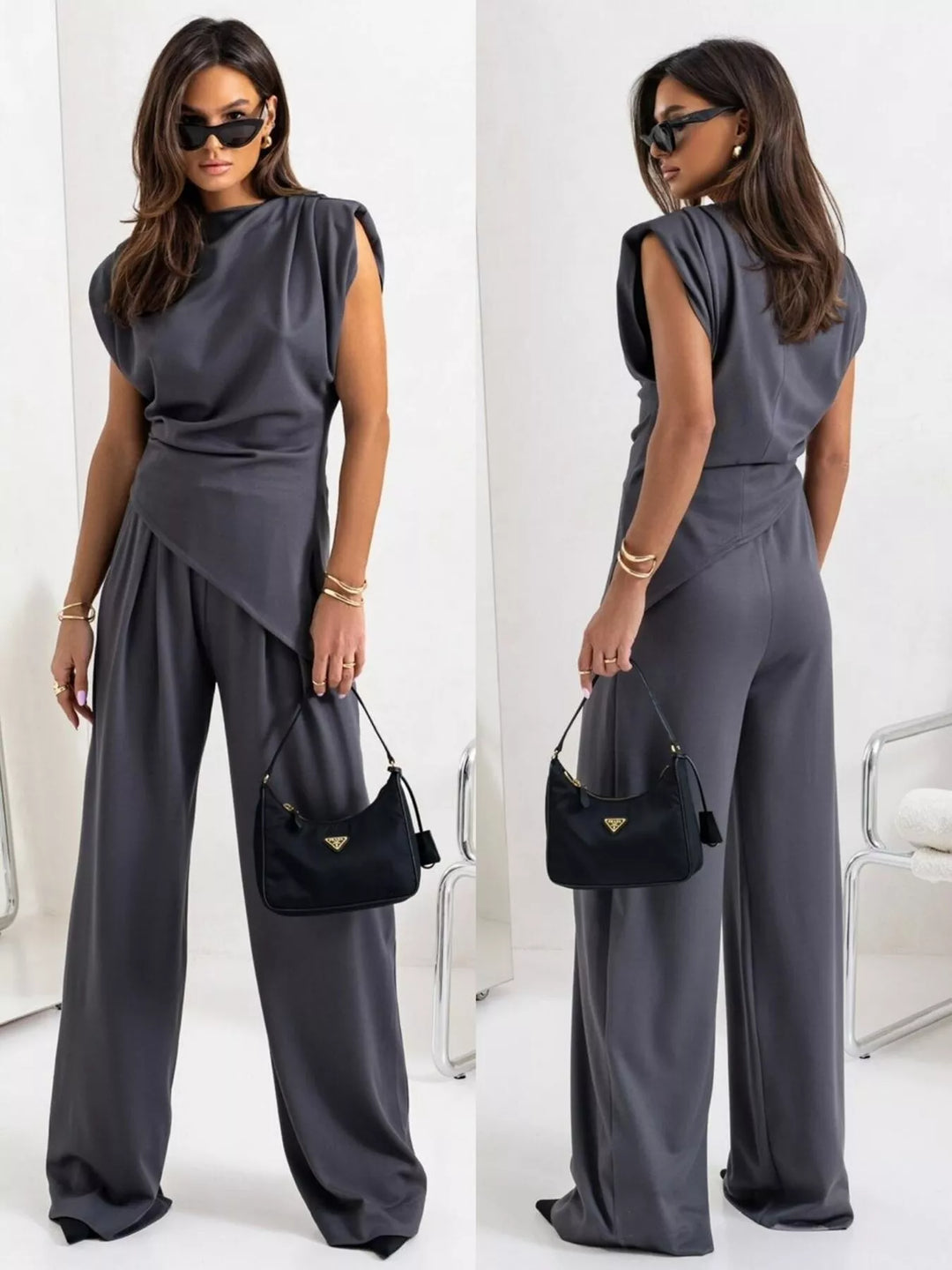 Satin-look cowl neck top and wide leg pants in dark gray, front view 2