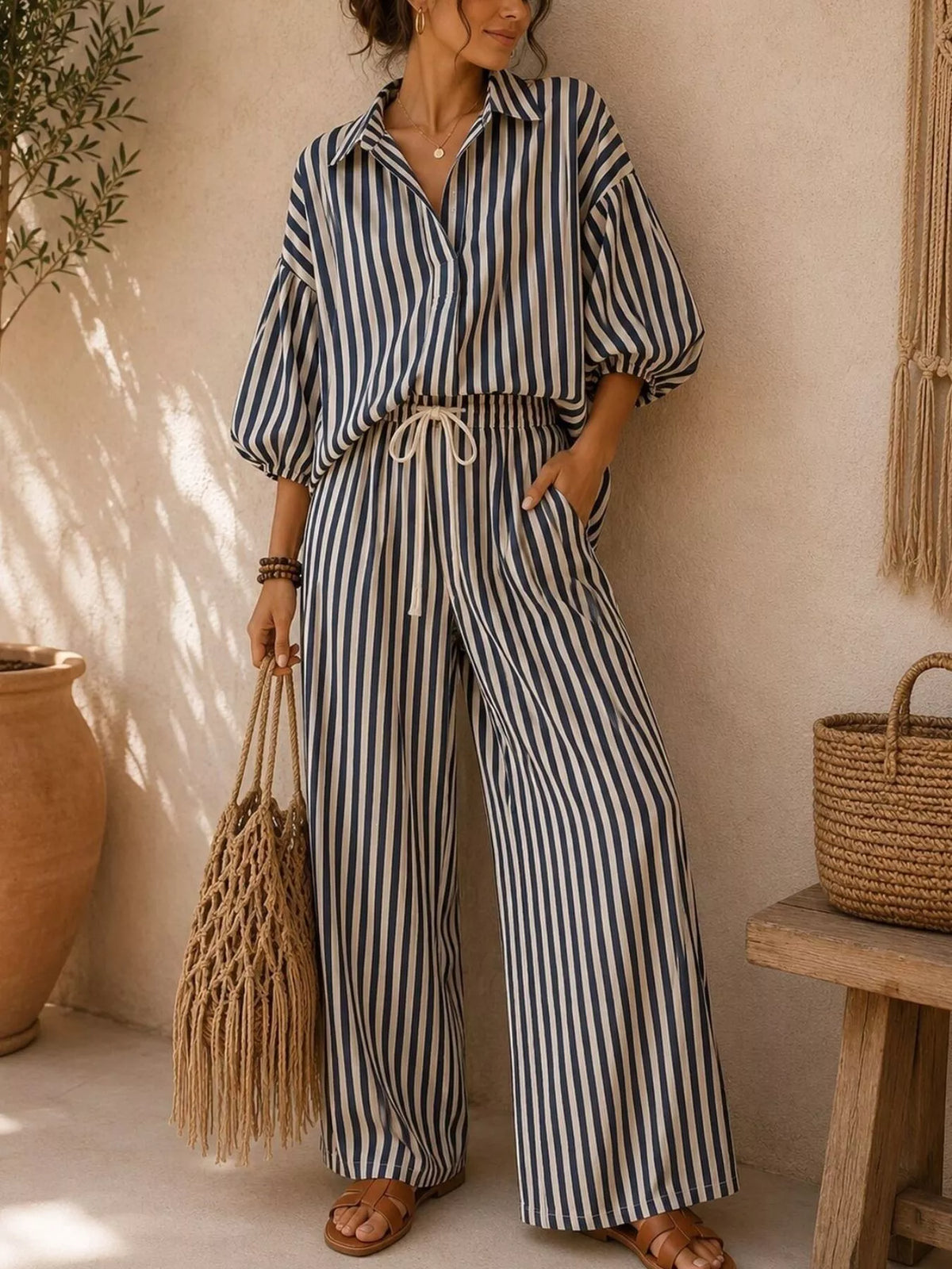 Black stripe matching set front view with relaxed shirt and drawstring pants