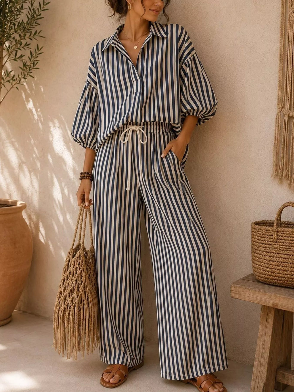 Black stripe matching set front view with relaxed shirt and drawstring pants