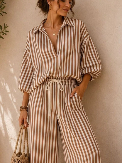 Camel stripe matching set close view of the collar and drawstring waist