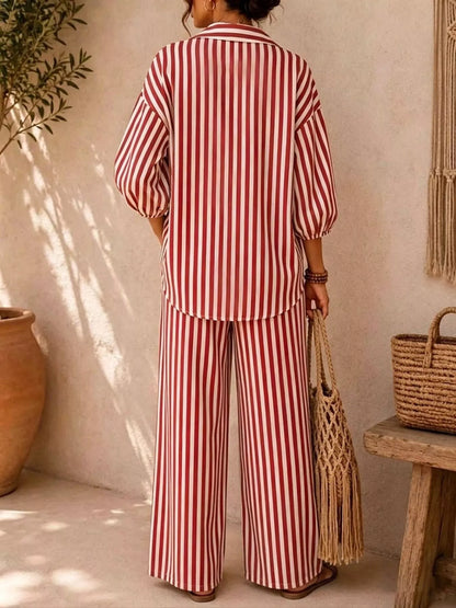 Back view of the rose striped shirt and wide leg pants set