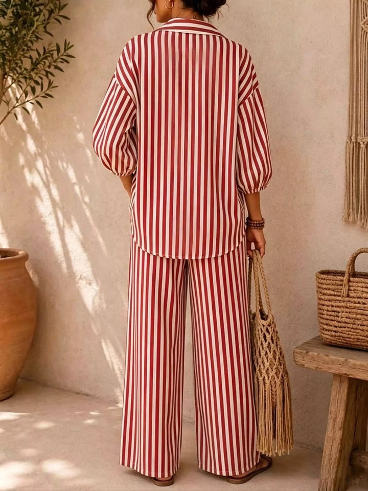 Back view of the rose striped shirt and wide leg pants set