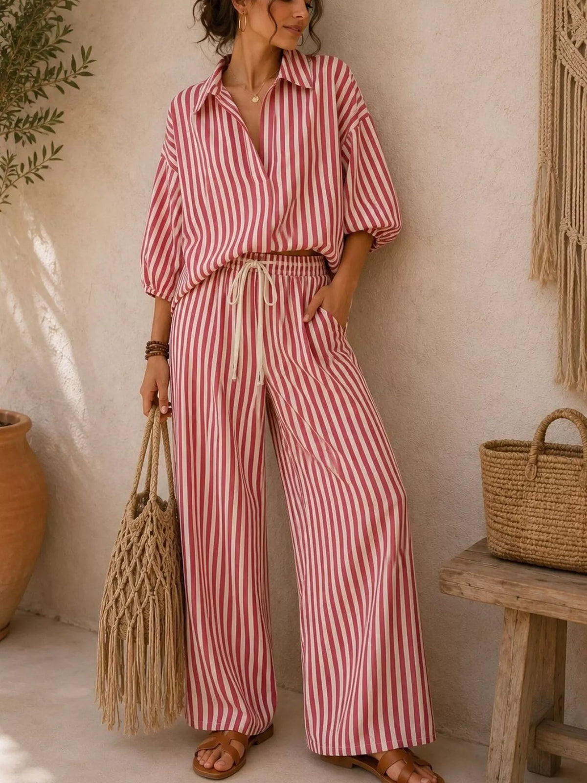 Women's rose striped matching set with collared shirt and wide leg pants, full length