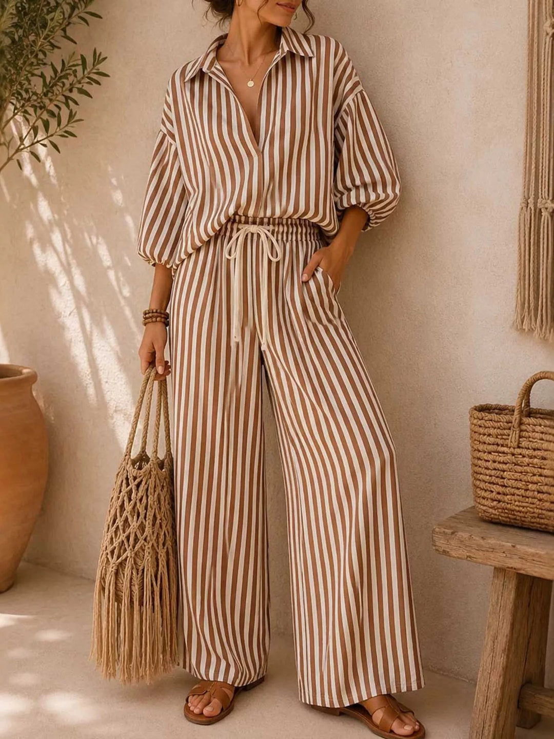 Women's brown striped matching set with shirt and wide leg pants, front view