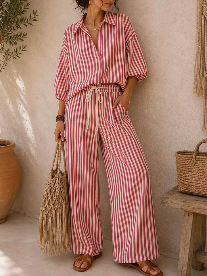 Rose red striped shirt and wide leg pants set, full length front view