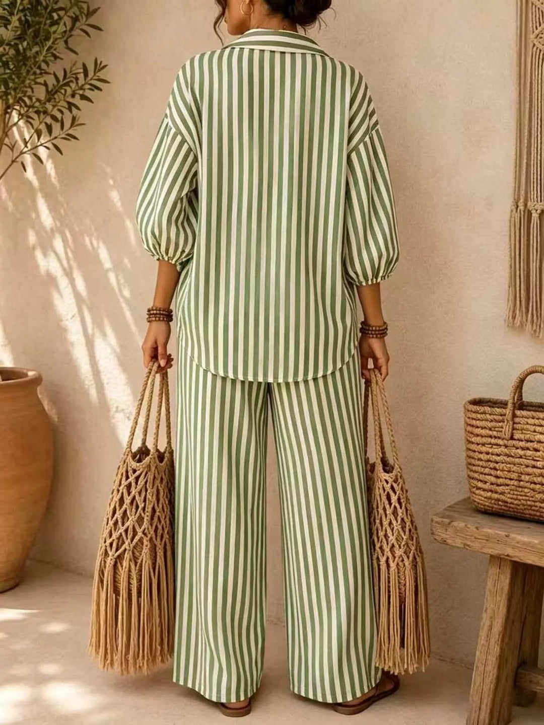 Back view of the sage striped shirt and wide leg pants set