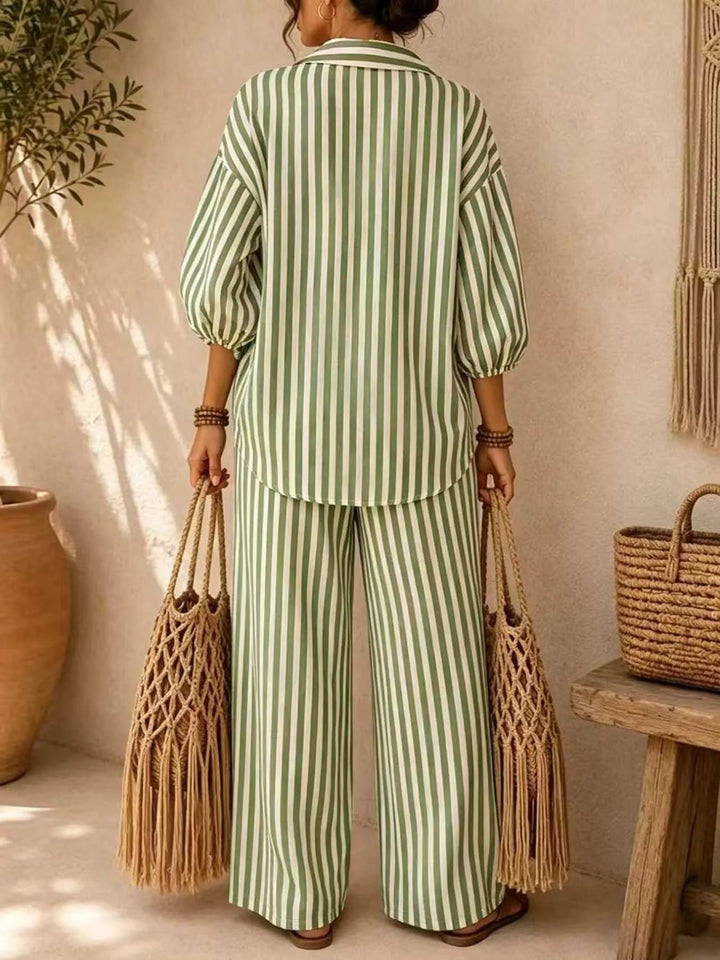 Back view of the sage striped shirt and wide leg pants set